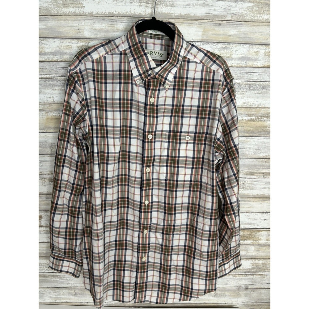 Orvis Men's Sz M Plaid Cotton Button Up Shirt Long Sleeve Orange Blue